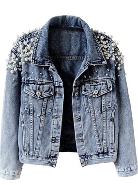 Kedera Women's Jean Jacket Embroidered Rivet Pearl Short Denim Jacket Coat S